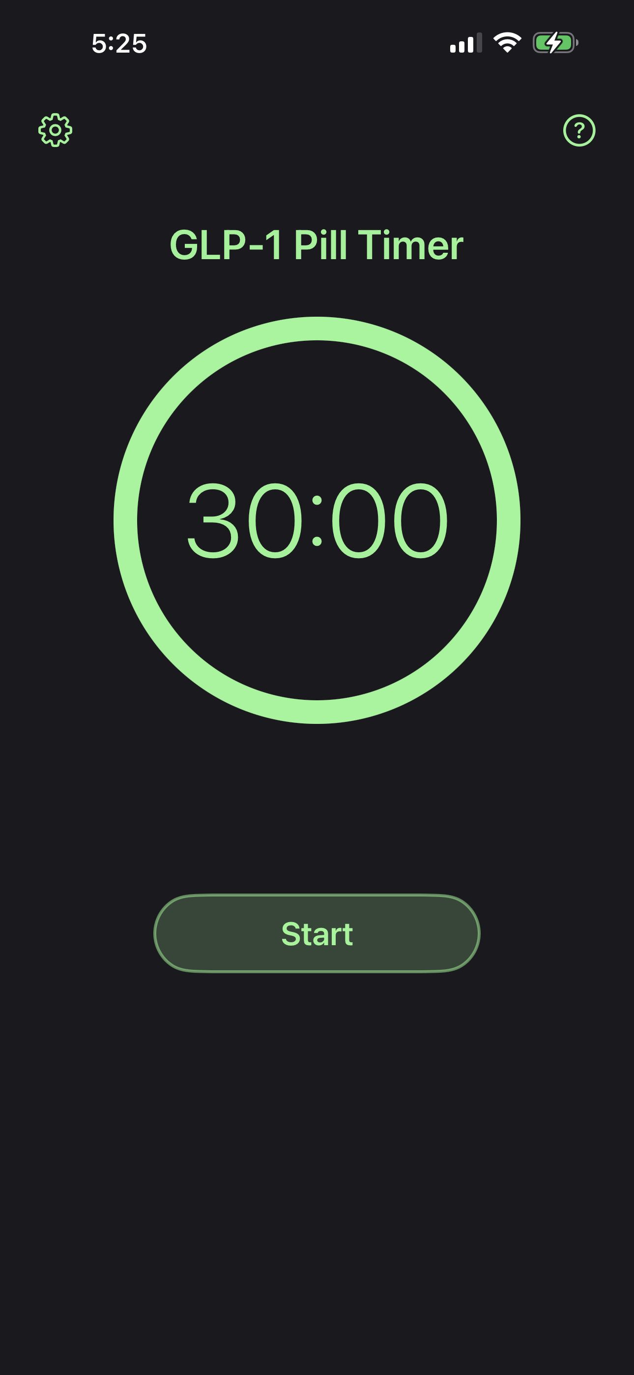 Main timer screen showing 30:00 ready to start