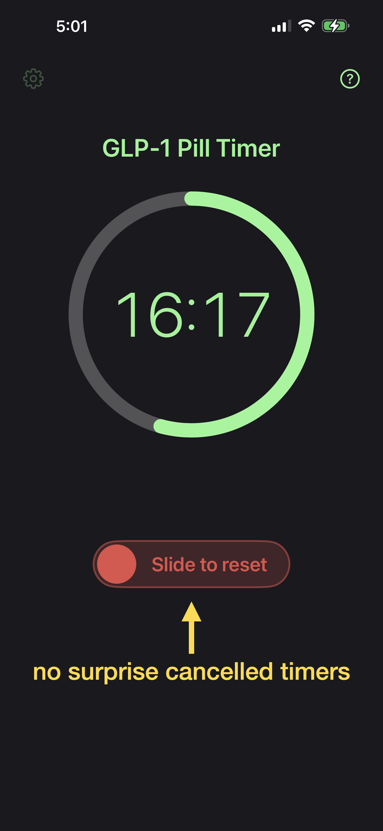 Timer running at 16:17 with slide-to-reset control