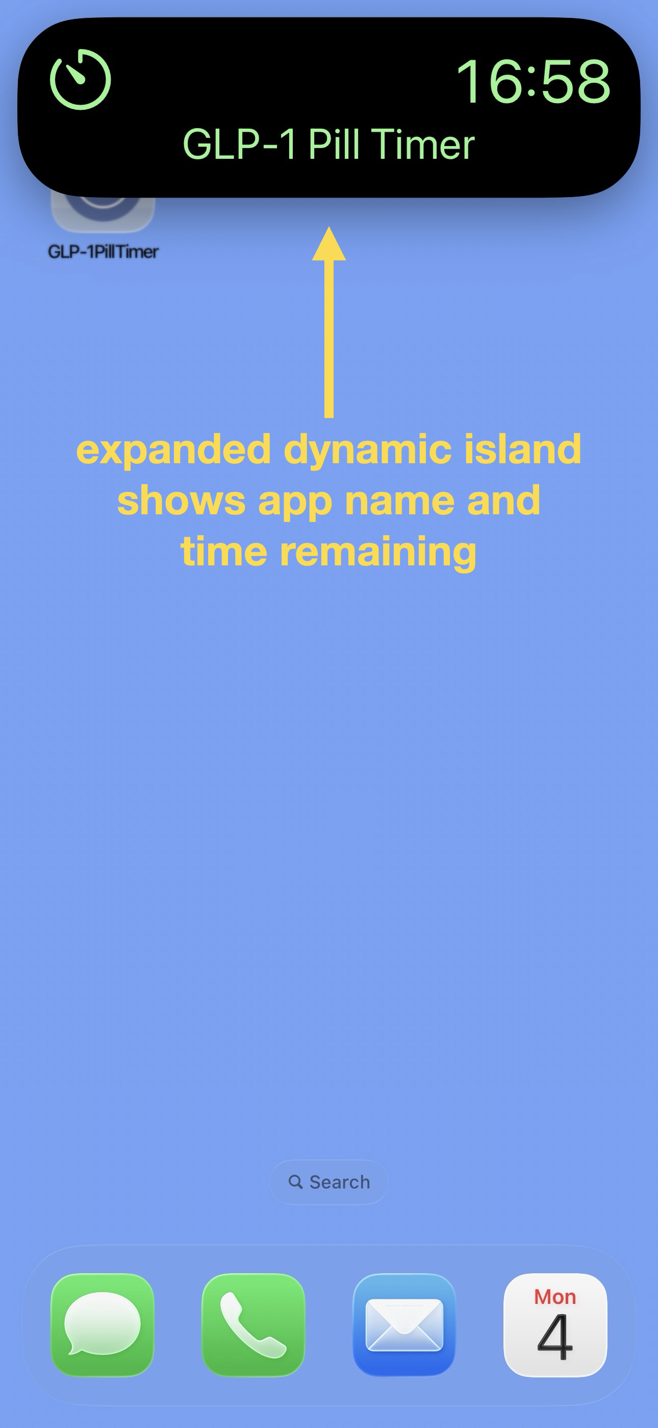 Dynamic Island expanded showing app name and time