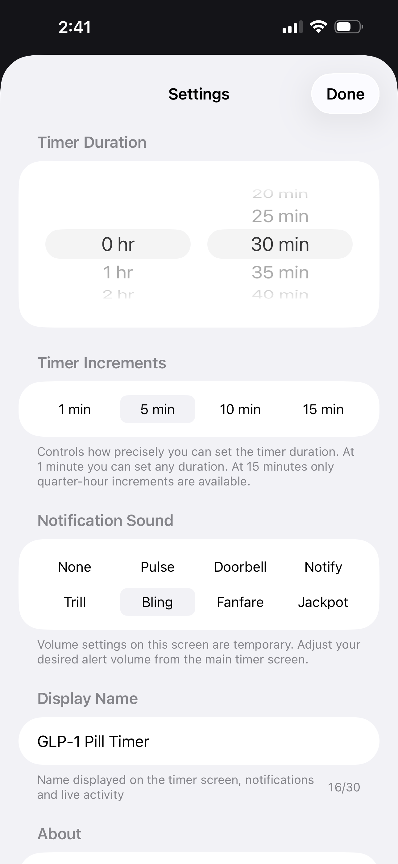 Settings screen for duration, sounds, and display name