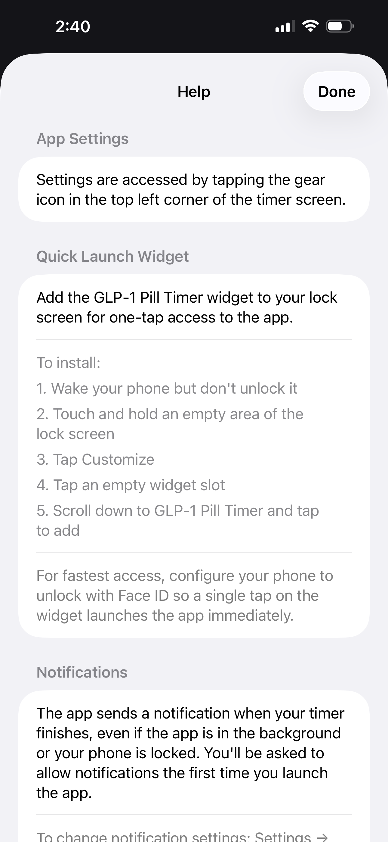 Help screen with widget install instructions